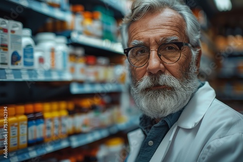 An elderly male pharmacist with a wise and authoritative expression among drugstore shelves