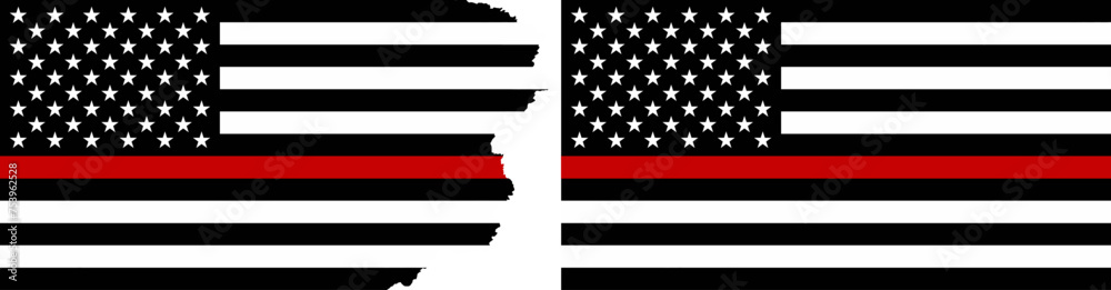 Fireman flags with thin red line vector. Standard flag and with torn edges