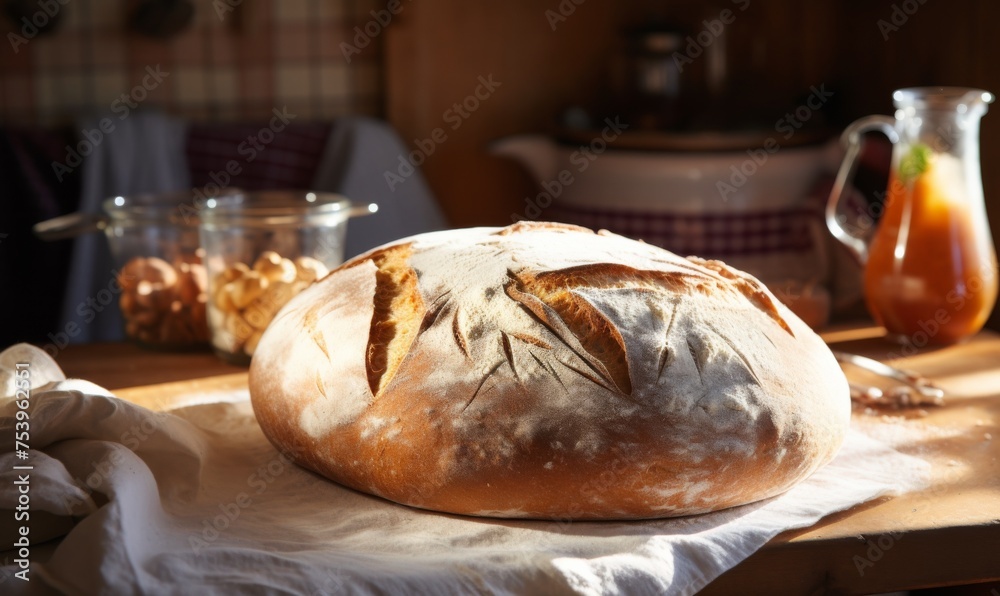 Freshly baked artisan sourdough bread rests on a rustic counter, its golden crust highlighted by soft kitchen light.

