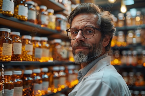 A charismatic pharmacist stands in front of a well-organized array of medicine jars in a vintage-style apothecary photo