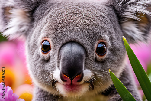 Koala face in extreme macro photography, sniffing flower © Kseniya Ananko