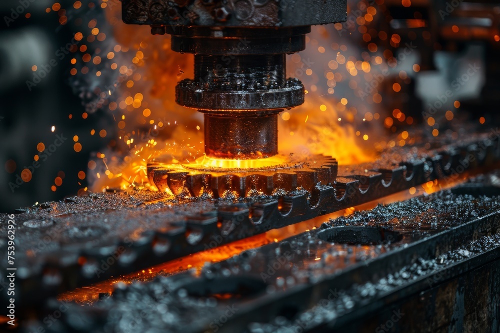 Close-up shot of a gear being machined with sparks flying, depicting the intricate process of gear manufacturing Close-up shot of a gear being machined with sparks flying, depicting the intricate process of gear manufacturing