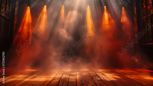 spotlights, orange and red colors and light leaking in in an old place	
