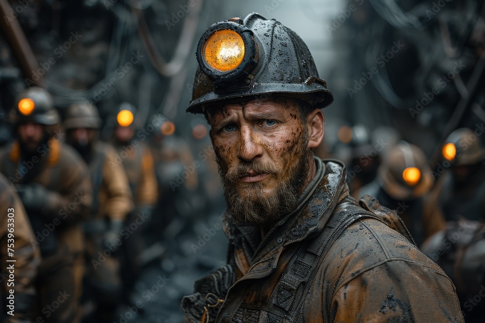 Intensely focused miner with piercing blue eyes, smeared with coal dust and dirt Intensely focused miner with piercing blue eyes, smeared with coal dust and dirt