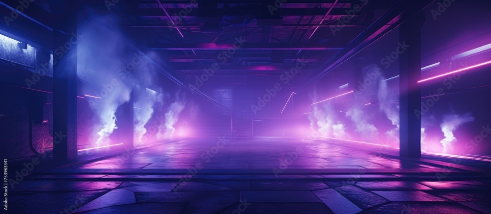 Thick clouds of smoke billow out of a room, illuminated by virtual neon lights in shades of blue and purple. The retro aesthetic is enhanced by the glowing beams and lasers slicing through the air