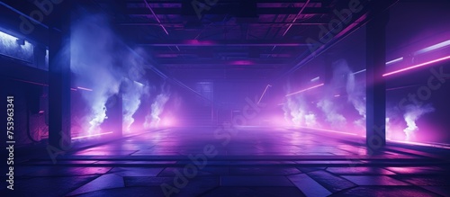 Thick clouds of smoke billow out of a room, illuminated by virtual neon lights in shades of blue and purple. The retro aesthetic is enhanced by the glowing beams and lasers slicing through the air