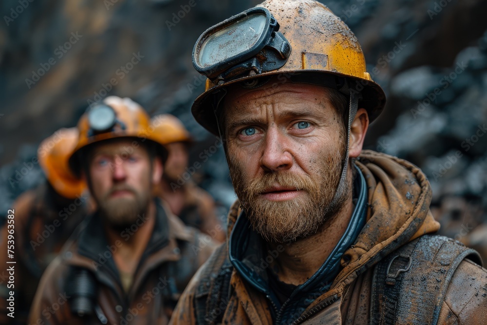 Fototapeta premium Intense close-up of a miner's face, showing the grit and fatigue of his labor-intensive occupation