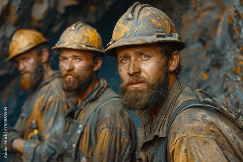 Three miners with facial stubble  dirty faces  wearing safety helmets and lamps  standing in a cave