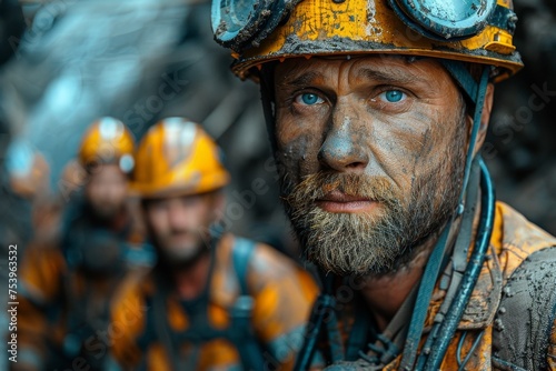 A close-up of a miner's focused face, helmet with lamp, and a team of miners in the background