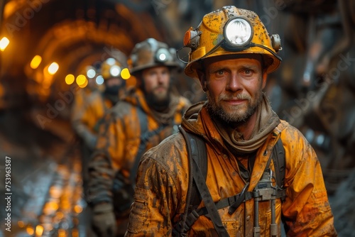 Detailed shot of miners with headlamps walking in a dimly lit mine shaft, reflecting the dangerous nature of the job