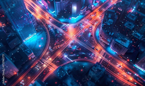 Overhead view of a vibrant city at night, with illuminated, colorful light trails depicting the bustling urban traffic flow.