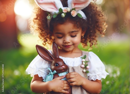 Beautiful stylish toddler child, mix raced girl, playing with Easter chocolate bunny in the park