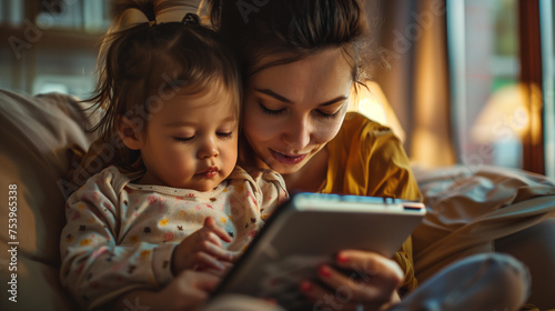 Happy White Mother and Child on Tablet