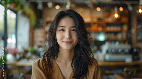 Relaxed young Asian woman smiling casually in the welcoming ambiance of a modern cafe.