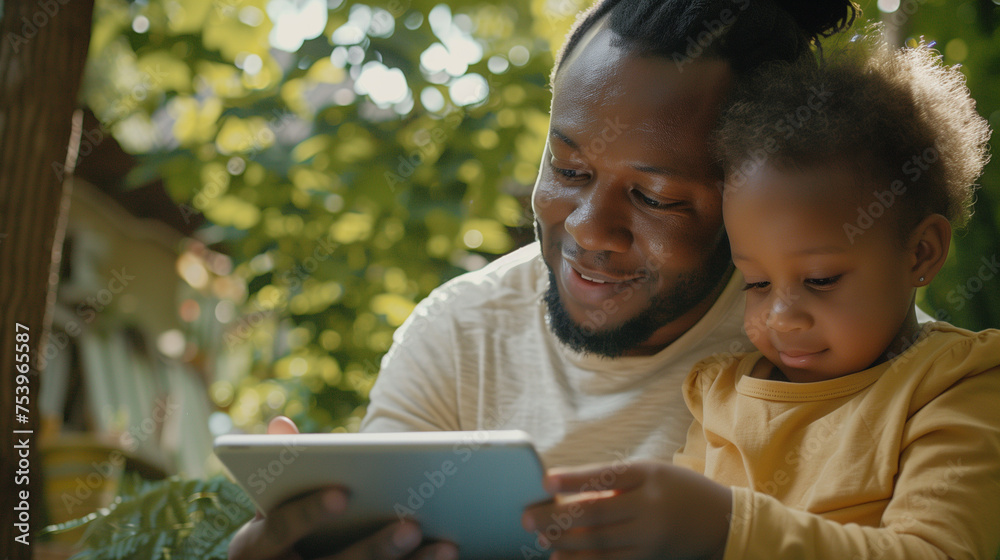 Happy Black African American Father and Child on Tablet at Home Happy Black African American Father and Child on Tablet at Home