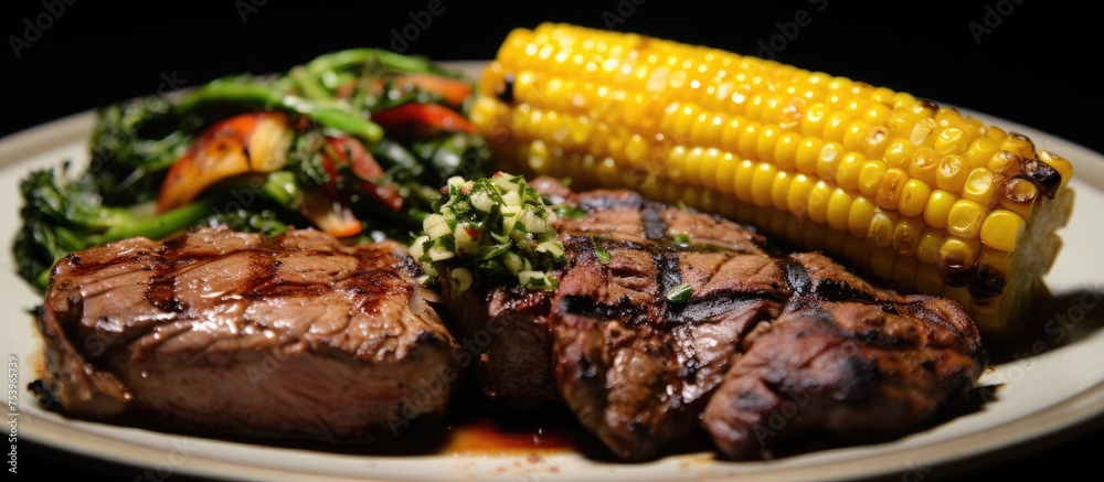 A white plate is filled with juicy grilled steak, savory corn on the cob, and fresh broccoli, creating a trio of delicious and nutritious delights.