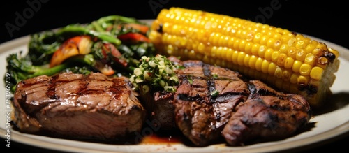 A white plate is filled with juicy grilled steak, savory corn on the cob, and fresh broccoli, creating a trio of delicious and nutritious delights.