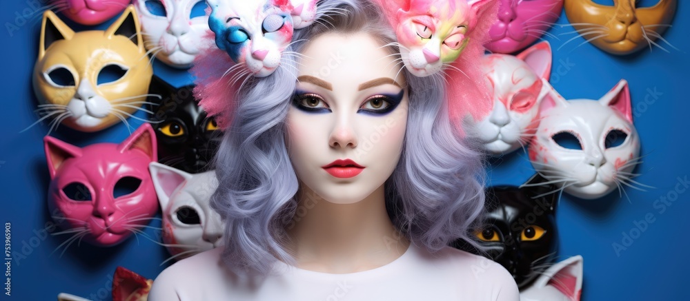 Naklejka premium A teenage woman is adorned with a multitude of cats perched on her head, playfully interacting with each other. The woman is wearing a cat carnival mask and Neko ears, embodying a whimsical and