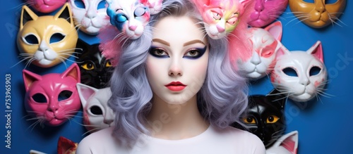 A teenage woman is adorned with a multitude of cats perched on her head, playfully interacting with each other. The woman is wearing a cat carnival mask and Neko ears, embodying a whimsical and