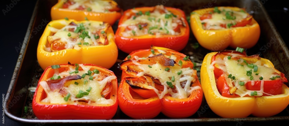 A pan filled with freshly baked stuffed peppers, each one overflowing with a savory mixture of sweet peppers, tomatoes, cheese, and bacon. The golden cheese on top is melted to perfection, creating a A pan filled with freshly baked stuffed peppers, each one overflowing with a savory mixture of sweet peppers, tomatoes, cheese, and bacon. The golden cheese on top is melted to perfection, creating a
