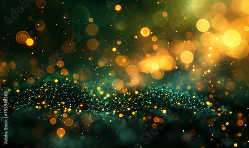 Abstract blurred bokeh background. gold particles on an out of focus emerald green background