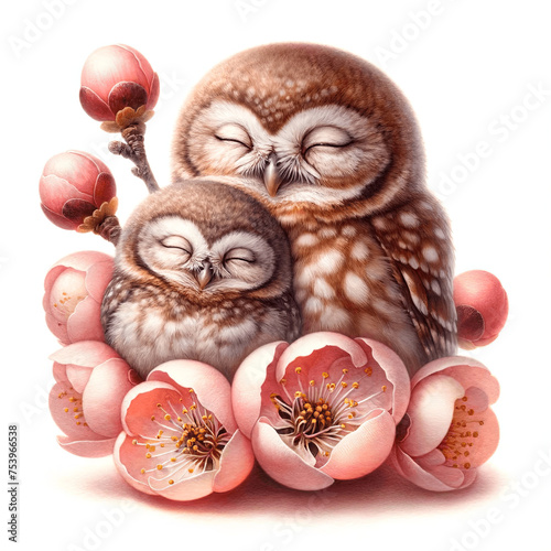 Illustration of two owls, a mother and a baby, sleeping in the embrace of a blooming flower. © Orange Brush