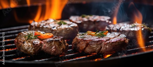 Beef steaks sizzle on a grill over open flames, cooking to perfection. The flames char the meat as it cooks, creating a delicious aroma.