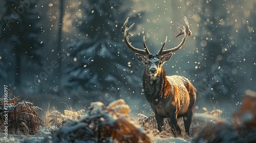 noble deer male in snow forest winter landscape christmas background  © hisilly