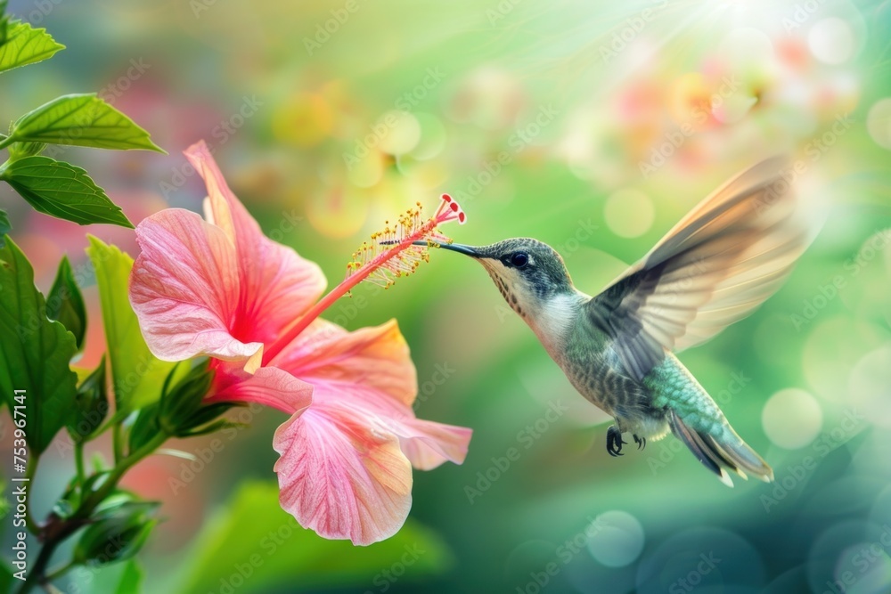 Fototapeta premium photography shot of a hummingbird sipping nectar from a vibrant hibiscus flower wings a blur of motion