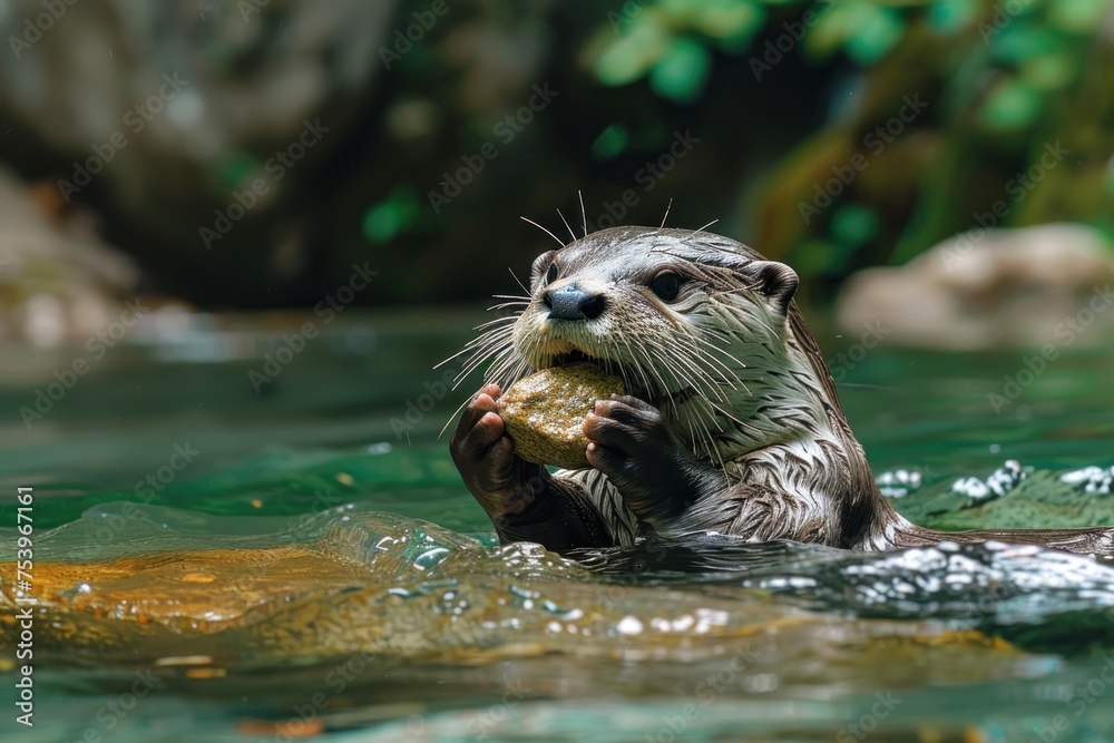 A playful otter floating on its back in a clear mountain stream holding a stone A playful otter floating on its back in a clear mountain stream holding a stone