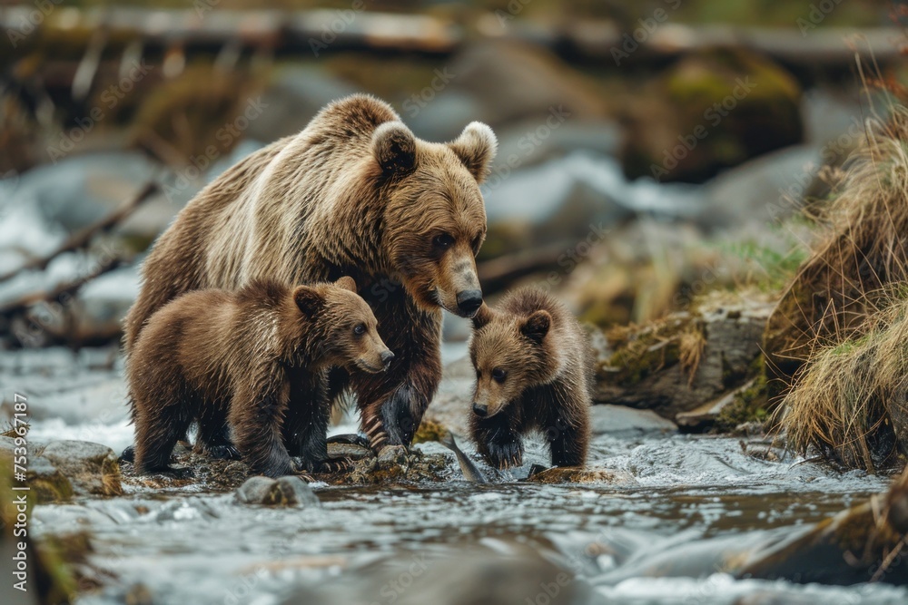 Fototapeta premium A mother bear teaching her cubs to fish in a mountain stream capturing a moment of learning and survival
