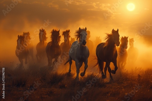 photography of a pack of wild horses galloping through a dust cloud in the desert at sunset