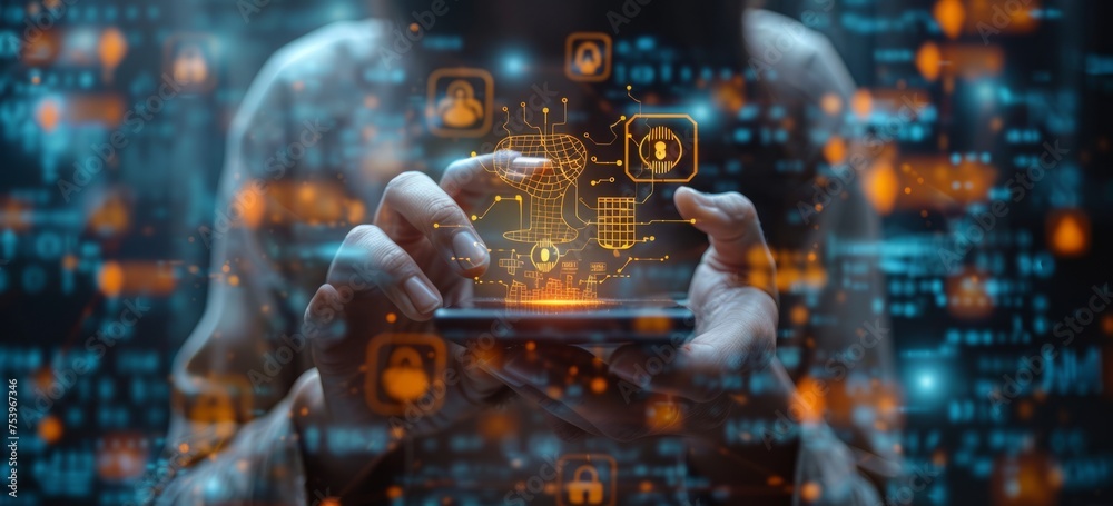 Fototapeta premium A person holds an iPad with digital safety symbols floating above the screen and hands interacting with the touch screen. Data visualization