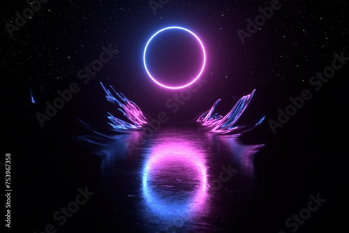3D Ultraviolet Neon Circle reflected on wet floor into the mountains. photo