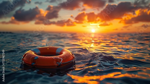 orange lifebuoy floating at sea sunset sunrise wide horizontal banner 