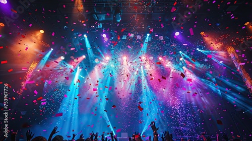 stage lights and confetti falling at live rock concert or party 