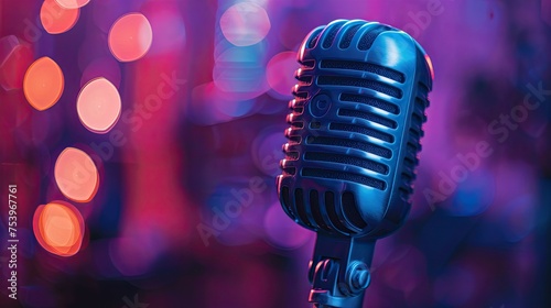 podcast concept microphone on purple blurry background 