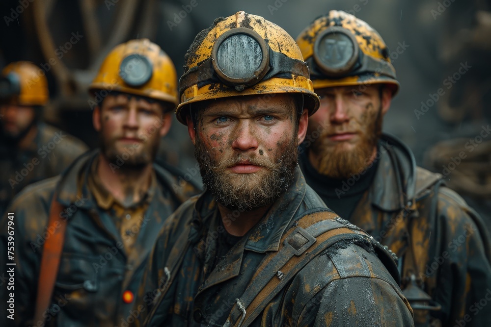 A group of three male miners covered in soot and dirt poses for a photograph wearing safety helmets with lights A group of three male miners covered in soot and dirt poses for a photograph wearing safety helmets with lights