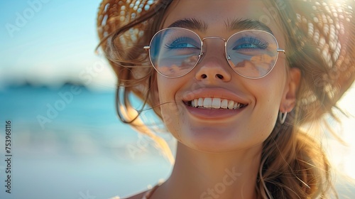 happy beautiful young woman enjoying sunny day and smiling by the beachside 