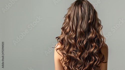 back view of attractive girl with gorgeous curly long shiny brown hair studio portrait 