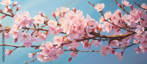 A painting depicting pink cherry blossoms delicately blooming on a tree branch against a backdrop of a clear blue sky, illuminated by the soft evening sun. © 2rogan