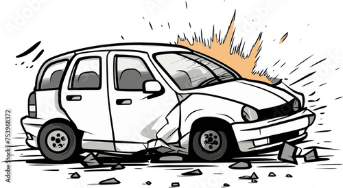 Realistic Vector Drawing Depicting a Car Crash on a Rainy Night with Skid Marks and Debris