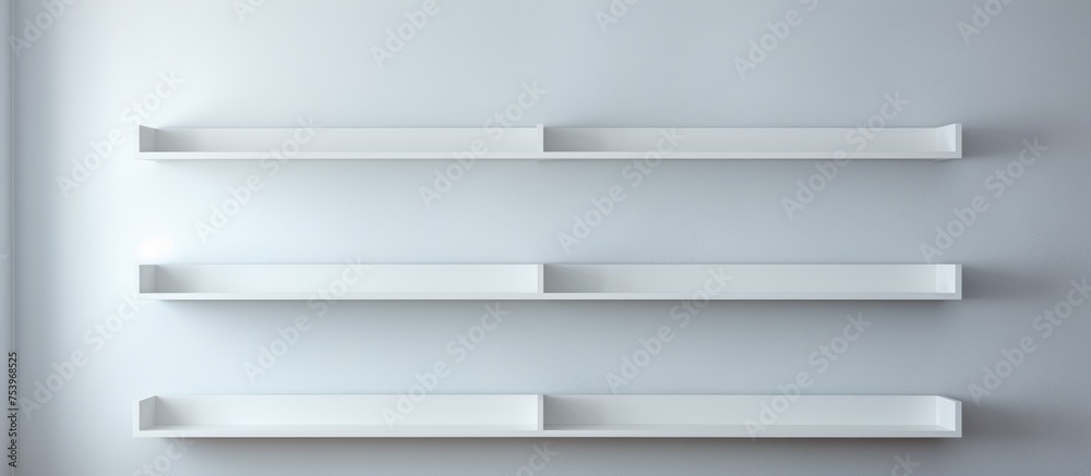 A white shelf mounted on the wall, featuring three equally spaced white shelves. The simple design provides a clean and organized storage solution for various items. A white shelf mounted on the wall, featuring three equally spaced white shelves. The simple design provides a clean and organized storage solution for various items.