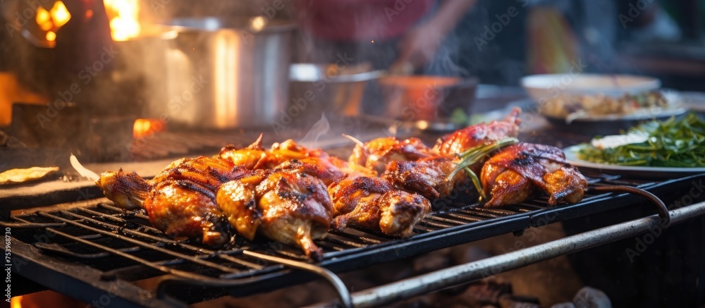 Various meats and vegetables are sizzling on a hot grill, producing tantalizing aromas and charring marks. The flames lick the food, creating a delicious charred flavor while the cook carefully tends