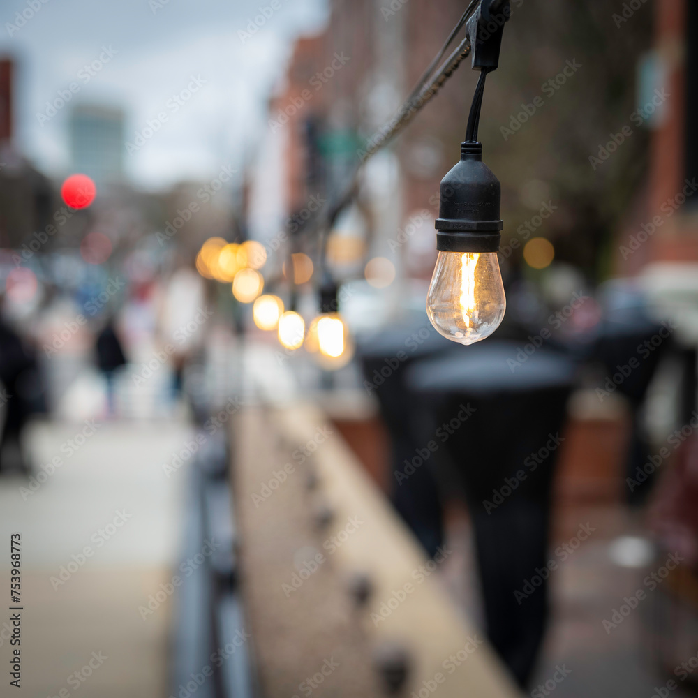 A old fashion electric bulb on in the streets of Boston in Massachusetts, USA.
