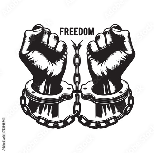 A pair of hands chained to a chain with the text words freedom. A pair of hand in handcuff. Hand drawn vector illustration. photo