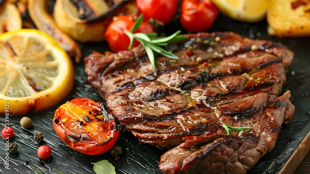 Delicious grilled beef with vegetables and lemon on table, closeup Delicious grilled beef with vegetables and lemon on table, closeup
