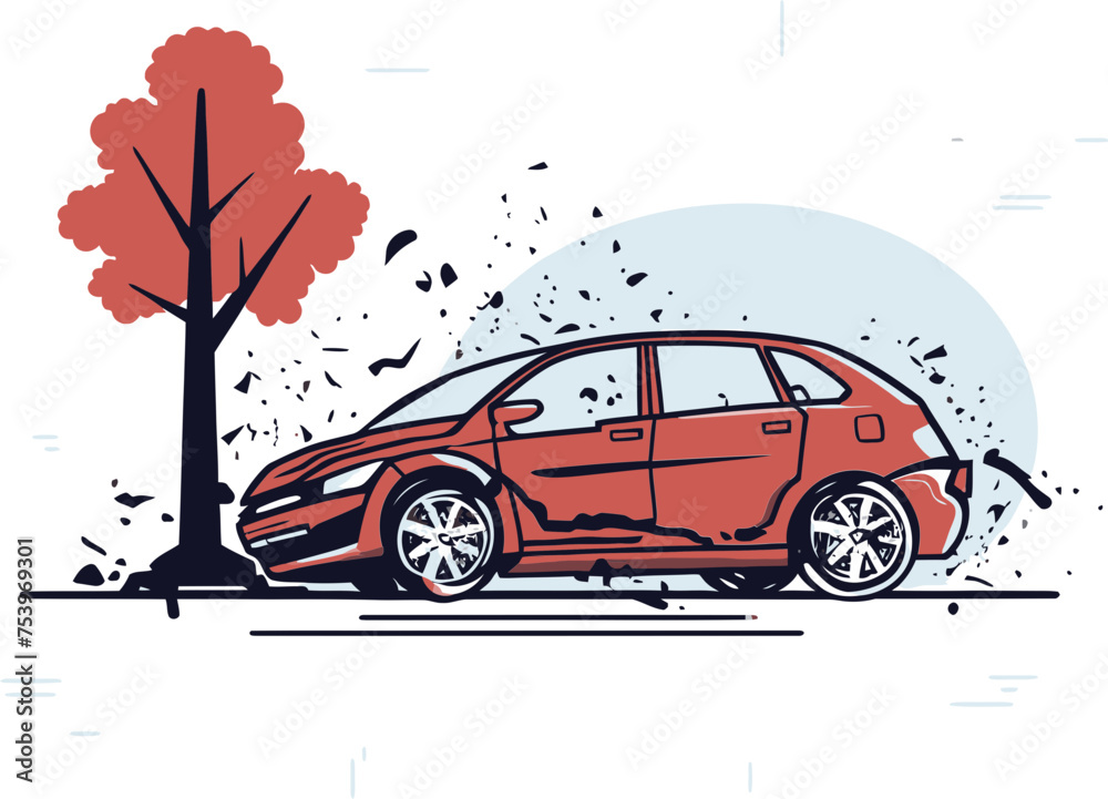 Detailed Vector Art Showing a Car Accident on a Mountain Pass with Falling Rocks