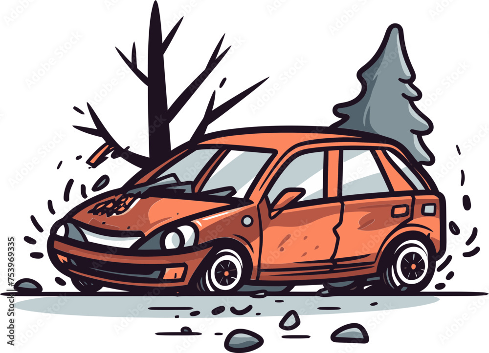 Detailed Vector Graphic Illustrating a Car Accident Involving a School Bus
