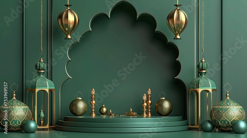 3D Islamic decoration, Iftar, Eid, lanterns, cannonballs, text space and podium with green gold style - generative ai